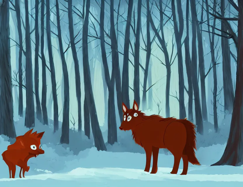 Prompt: magical animal spirit in the winter woods. limited palette, western 2 d animation from the 2 0 1 0 s, backlighting, bold composition, depth of field.