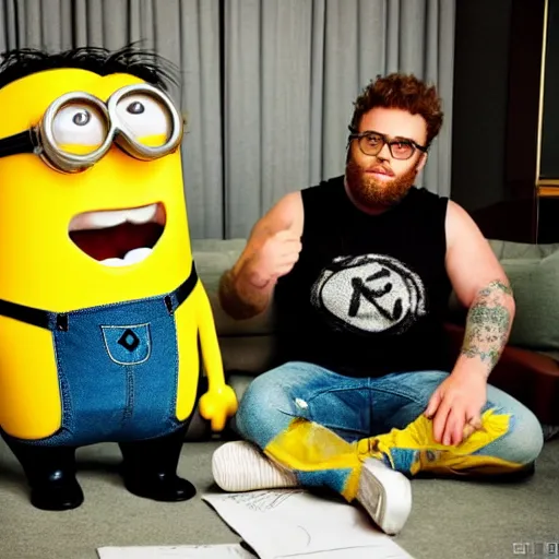 Image similar to seth rogan sitting down on a couch next to a minion, sharing a bong