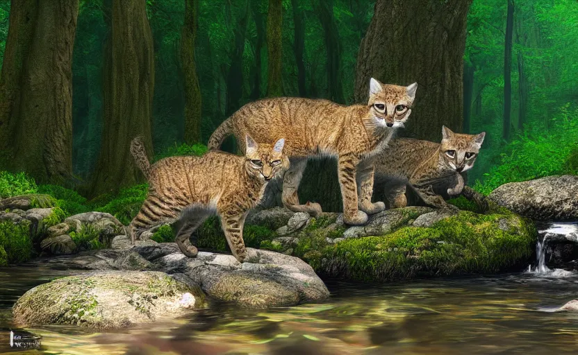 Prompt: wild cats in a clear water stream in a mossy fantasty forest, professional digital art, 4k ultra