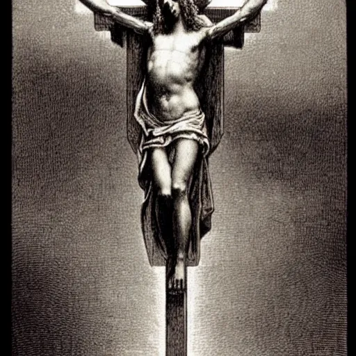 Image similar to jesus as a mommy crucified, engraving, by gustave dore