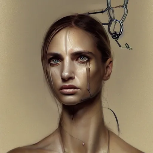 Image similar to surreal portrait of a woman by Greg Rutkowski and Artgerm, symmetrical face, she is about 30 years old, she is about 30 years old, pretty, blond hair with two strans around her face, slavic features, melancholic gaze, pretty aquiline nose, transformed into a kind of biomechanical transhuman goddes, uncany but fascinating, sad but determined look, cosmic void background, frightening, fascinating, highly detailed portrait, digital painting, book cover, artstation, concept art, smooth, sharp foccus ilustration, Artstation HQ