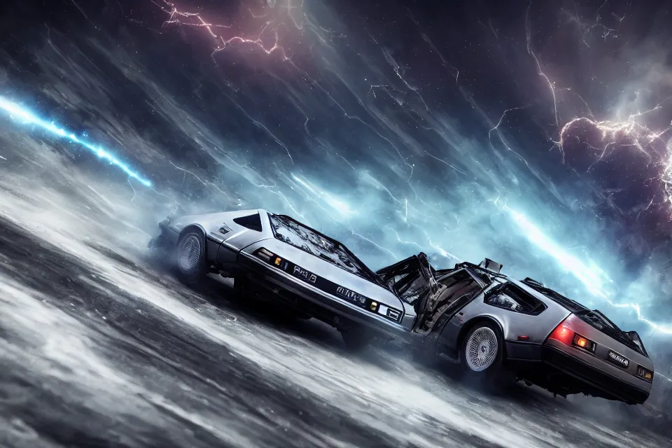 Prompt: ultra realistic delorean dmc 5 and mazda rx 7 parallel drift on road wreckage orbiting earth in space, dark cinematic, volumetric, realistic, 3 d render, realistic render, cinematic lighting, volumetric lighting, atmospheric, cinematic, unreal engine 5, unreal engine render, octane render, hd, photorealism, hyper realistic, 8 k