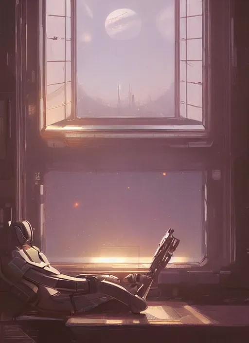 Image similar to scifi, futuristic, livingroom room large window, evening, illuminated, highly detailed, artstation, by eutimio garcia and greg rutkowski