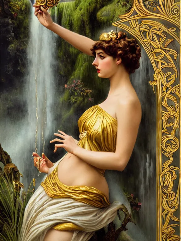 Image similar to Ana de armas as the Roman goddess of the waterfall, a beautiful art nouveau portrait by Gil elvgren, Roman temple environment, centered composition, defined features, golden ratio, gold jewlery, photorealistic professional lighting, cinematic