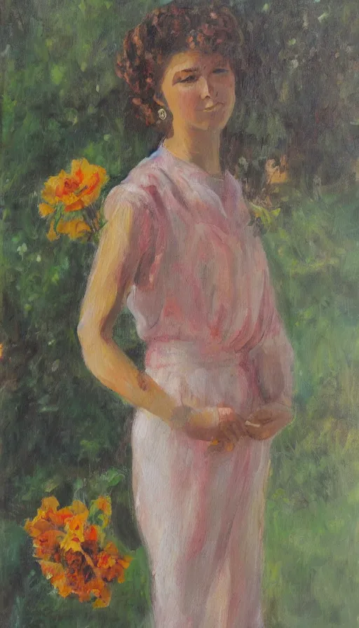 Prompt: painting of a lady holding flowers, standing straight forward, visible brush strokes. sun lighting from the side.