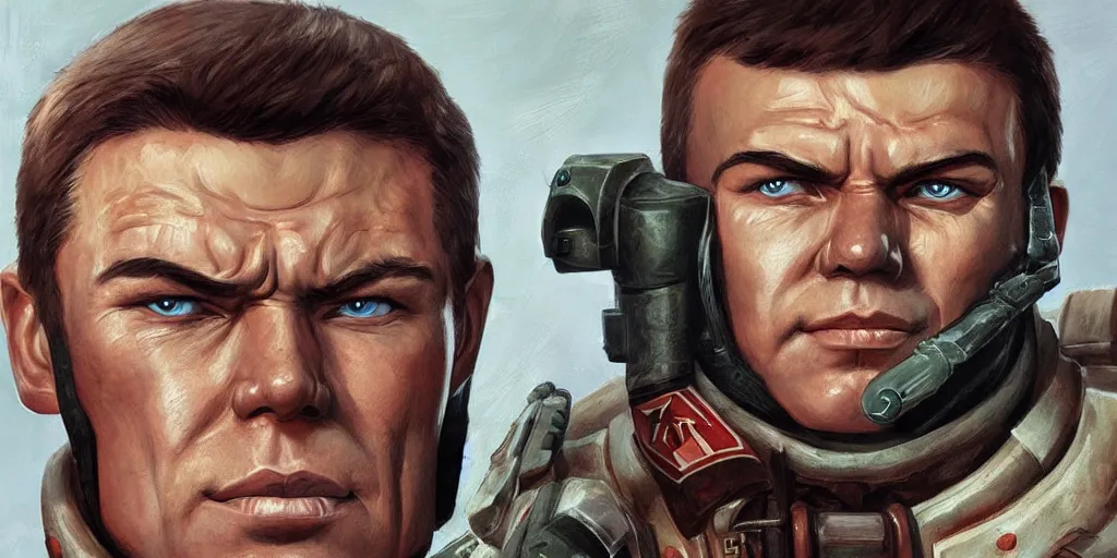 Image similar to doomguy as a soviet soldier, portrait, concept art, art by artgerm