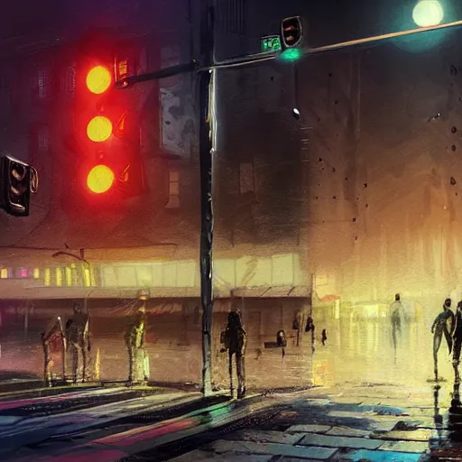 Prompt: deepfake video starts ww3, concept art, digital painting, artwork by cornelius dämmrich, night scene, urban hellscape, wet asphalt, parking lot,