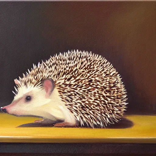 Image similar to hedgehog melting in the heat with a fan pointing at the hedgehog, oil on canvas, detailed, art