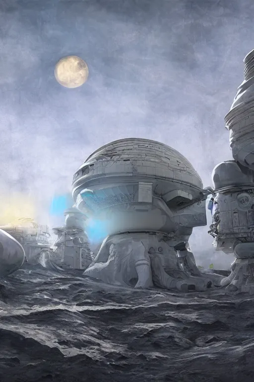 Image similar to terraformed moon colony, earth in background, digital painting, matte painting, small details