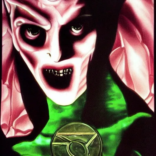 Image similar to 1990's movie poster for Vampire: the Masquerade, gothic horror, rose motif on bottom, stunning perfect face, background green marble, highly detailed by Drew Struzan