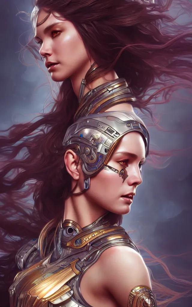 Prompt: Ultra realistic illustration, futuristic beautiful warrior woman, sci-fi, fantasy, intricate, elegant, highly detailed, digital painting, artstation, concept art, smooth, sharp focus, art by Artgerm and Roberto Ferris and alphonse mucha