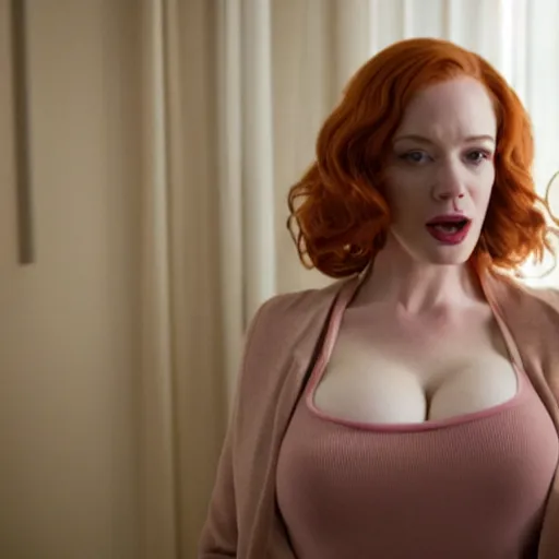 Image similar to amazing beautiful Christina Hendricks with mouth wide open in the living room, film still from the movie directed by Denis Villeneuve , wide lens