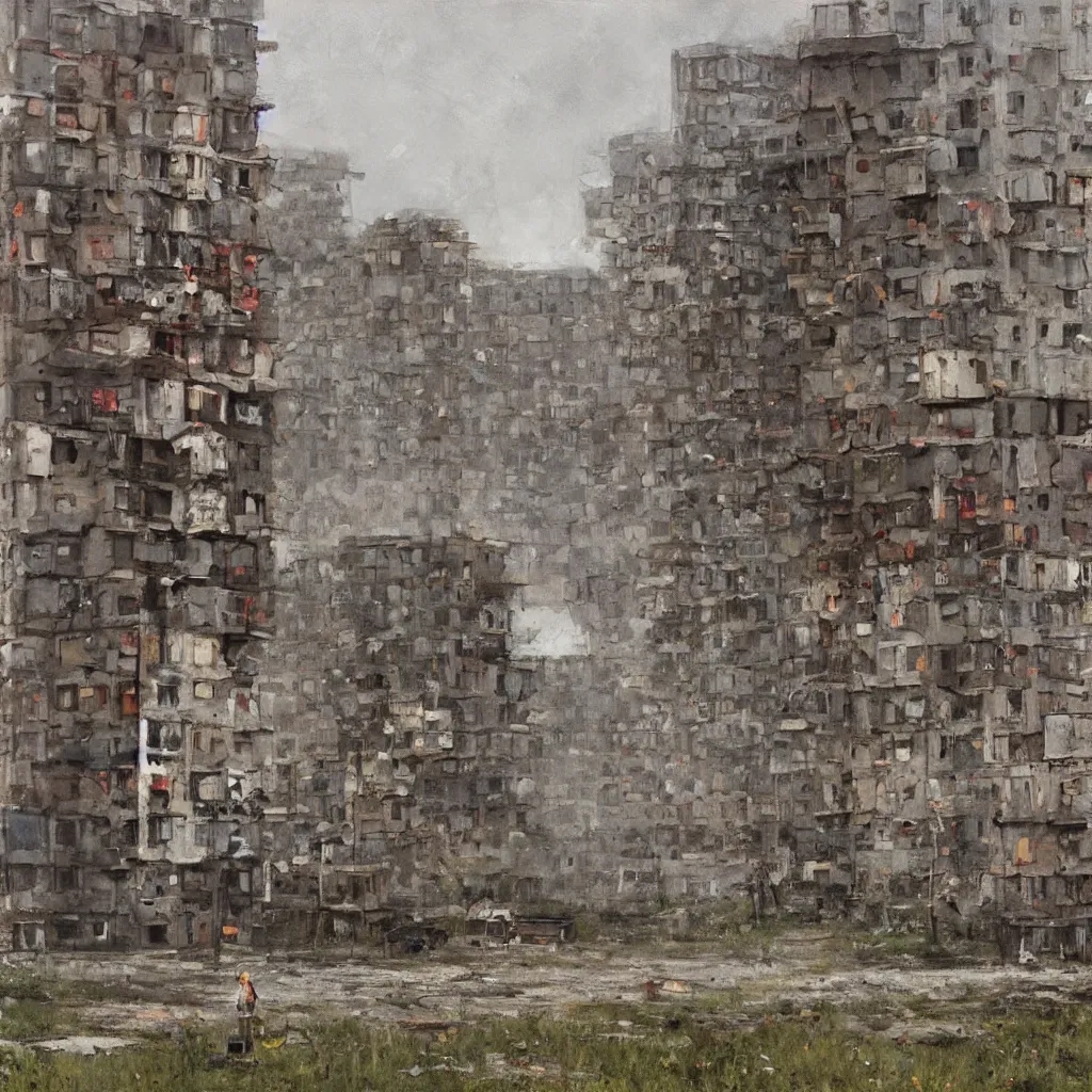 Prompt: painting by jakub rozalski of abandoned post soviet blocks