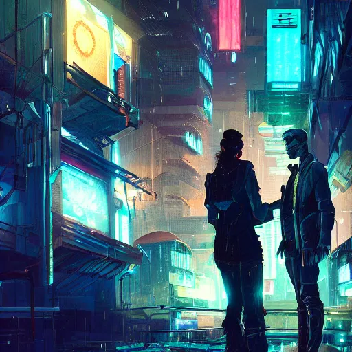 Prompt: two people arguing, detailed digital illustration by greg rutkowski, cyberpunk back alley, nighttime, colorful lighting, android netrunner