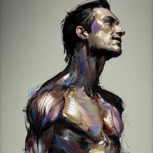Prompt: of a handsome man's face full standing figure muscles toned 2 : 1 in the style of disco elysium, expressionism, artstation, trending, by aleksander rostov, jenny saville, rembrandt, alex kanevsky, wassily kandinsky, dave mckean, yoshitaka amano