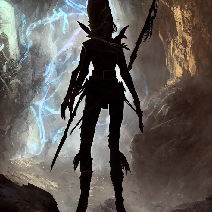 Image similar to an elf ranger in silhouette in a cave with weapons drawn facing a glowing blue orb, fantasy concept art, trending on artstation, video game concept art, highly detailed, cinematic lighting, digital art, dark fantasy, rendered in unreal