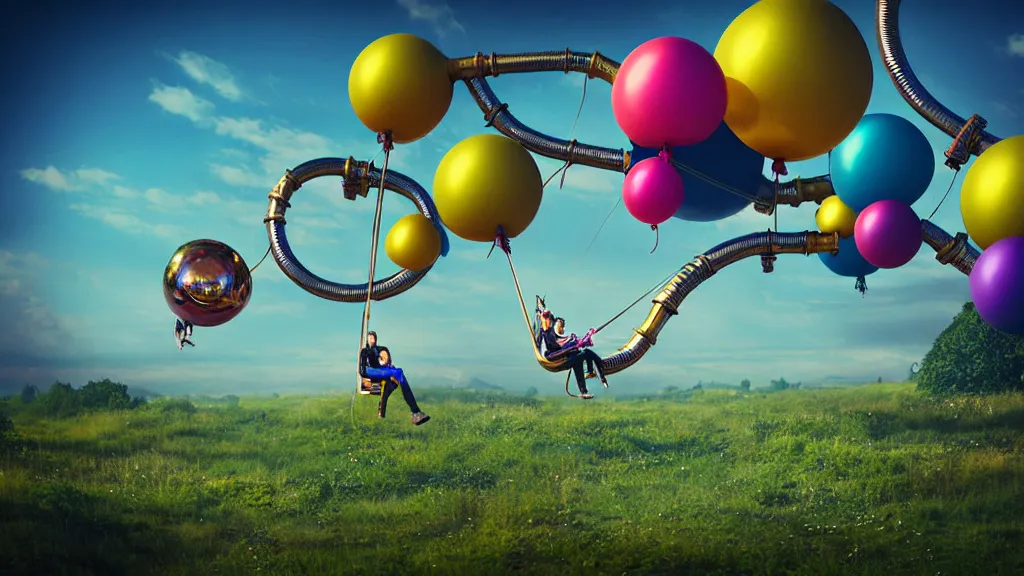 Image similar to large colorful futuristic space age metallic steampunk balloons with pipework and people on rope swings underneath, flying high over the beautiful countryside landscape, professional photography, 8 0 mm telephoto lens, realistic, detailed, digital art, unreal engine