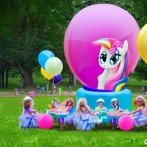 Prompt: children riding (my little pony) at a birthday party in the city park. balloons, cake, presents, craziness, havoc, 8K, 4K, digital art, 3D, cgsociety, realistic photograph