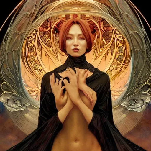 Image similar to A portrait of A beautiful!!!! angel in black flames by Ross Tran!! and alphonse mucha and greg rutkowski and Zdzisław Beksiński!!,In style of digital art illustration.Symmetry.Beautiful features.Fantasy,darksouls,elden ring,smooth,hyper detailed,sharp focus,Soft light.trending on artstation.4k