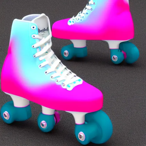 Image similar to white retro! roller skates with cyan wheels on a pedstal, octane render, 3 d model, pink lightning, neon!! light, blender