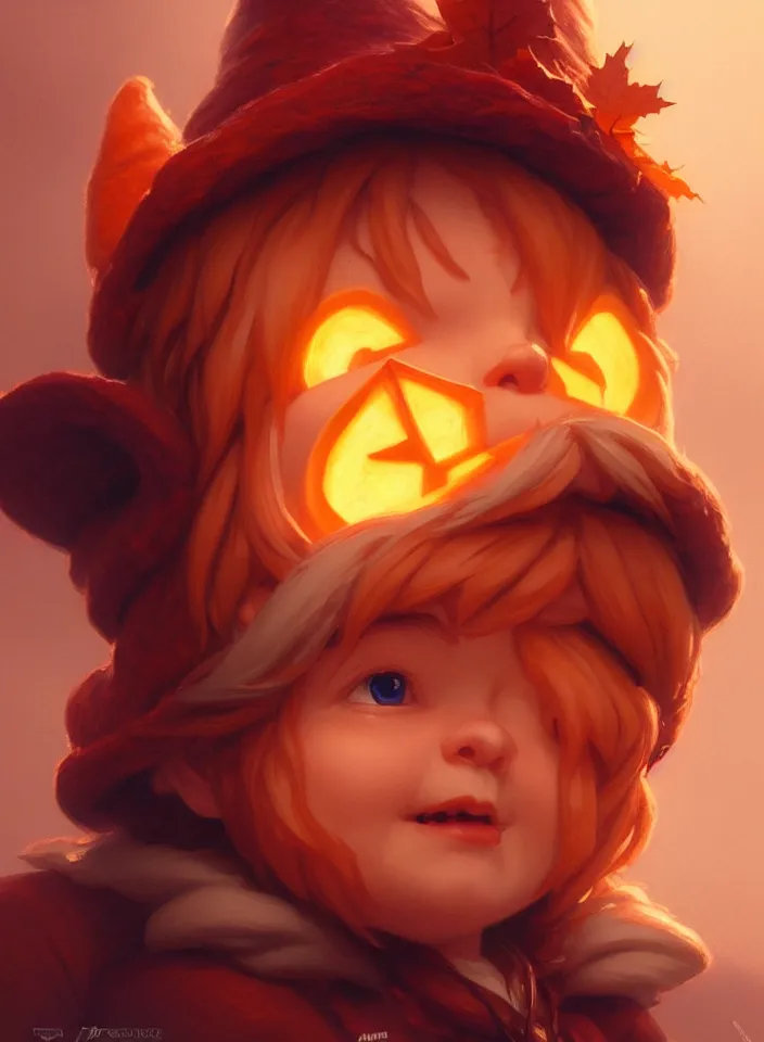 Image similar to hand drawn cute one gnomes face in autumn and pumpkin, detailed closeup face, concept art, low angle, high detail, warm lighting, volumetric, godrays, vivid, beautiful, trending on artstation, art by artgerm and greg rutkowski and alphonse mucha