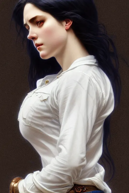 Image similar to ultra realistic, Beautiful black haired woman, Porcelain white complexion, big blue eyes, cute small lips., wearing jeans and white blouse, whip in hand, intricate details, eerie, highly detailed, octane render, 8k, art by artgerm and alphonse mucha and greg rutkowski