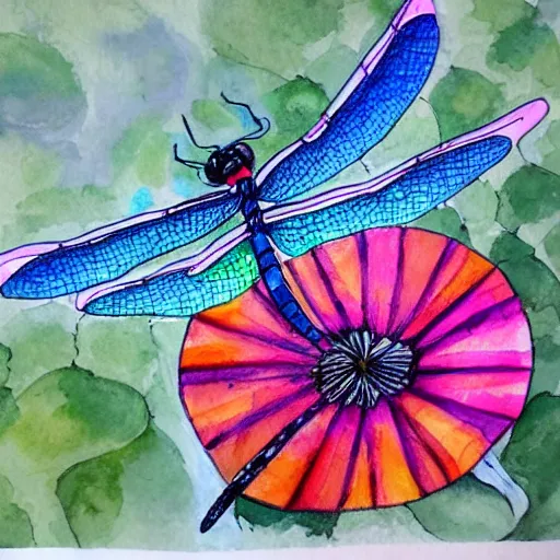 Image similar to water color illustration of a dragonfly with a human head. flower in it's mouth. collaborative piece by the worlds best artists. trending on everything, all the details.