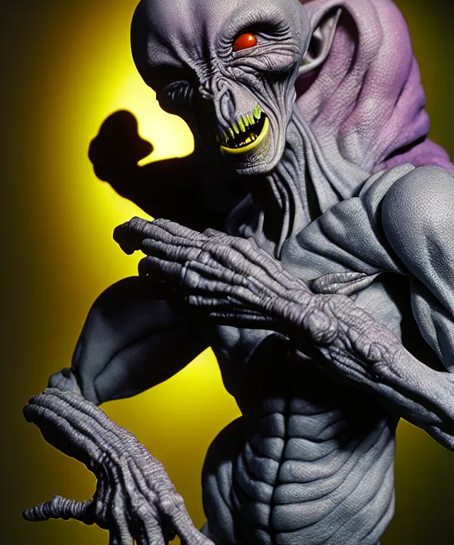 Image similar to hyperrealistic rendering, grey alien, by art of skinner and richard corben and jeff easley, product photography, action figure, sofubi, studio lighting, colored gels