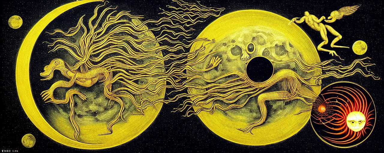 Prompt: a surreal creature with a mouth of gold radiates a unique canto'as above so below'to the moon, while being ignited by the spirit of haeckel and robert fludd, breakthrough is iminent, glory be to the magic within, in honor of saturn, painted by ronny khalil