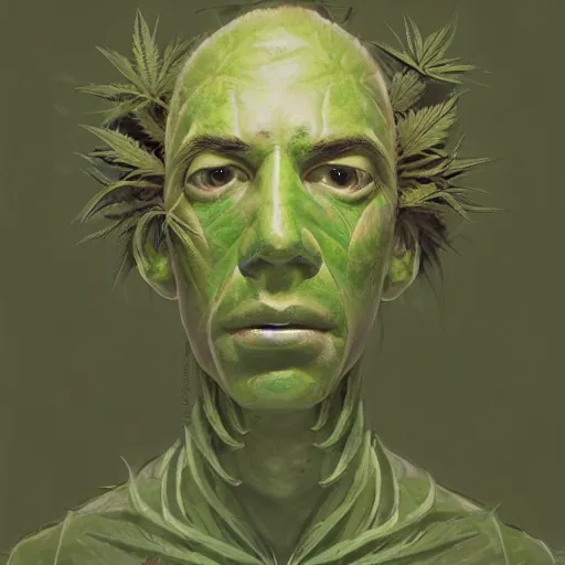 Image similar to a man made of hemp, with a head in the form of a cannabis bloom, like young grut, green skin, character, art by james jean and greg rutkowski!!, realistic face, digital art, chibi style, golden ratio, perfect composition, trending on artstation, 8 k