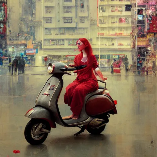 Prompt: the redhead vespa queen in hong kong, oil on canvas by ruan jia