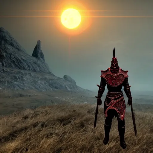 Image similar to photo realistic dovahkiin standing on a mountain wearing daedric armor with an eerie blood red eclipse in the background