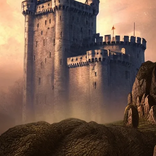 Prompt: an ultra detailed tarot card of the keep of the evil patriarch, massive castle walls with a tall black tower, battlements with soldiers, twilight, artstation, volumetric lighting, exquisite detail, octane render, 8 k postprocessing, art by john collier and albert aublet