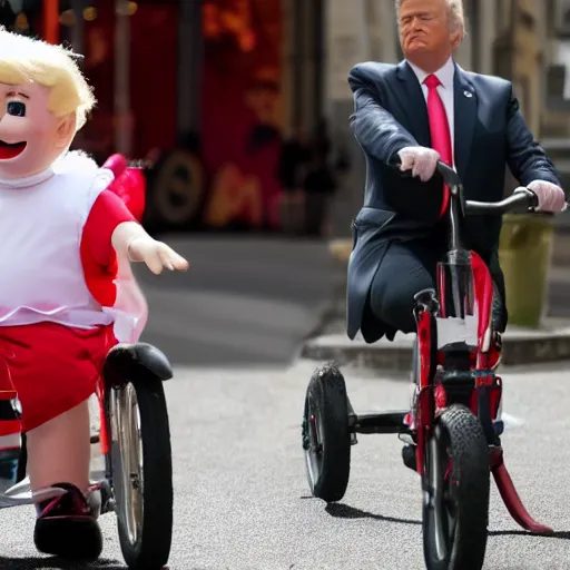 Image similar to donald trump in a ballerina in a tricycle, crying, 4k hd