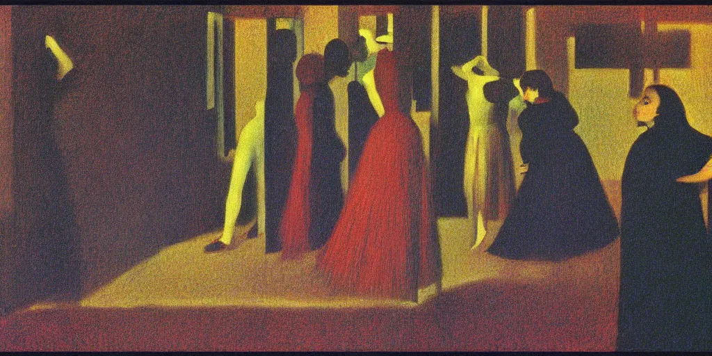 Image similar to a film still of suspiria by dario argento 1 9 7 7 movie, painted by georges seurat, by manet, impressionism, pointillism, high quality, detailed, print!, poster,