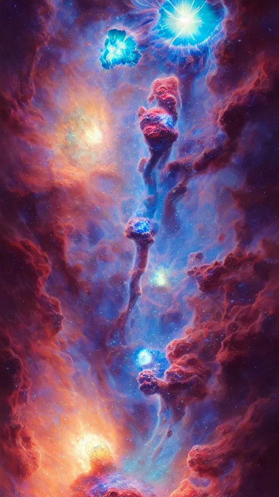 Prompt: psychedelic transcendent puffs! of smoke, space, supernova, nebulae, pillars of creation, enlightenment, high contrast lighting, highly detailed, concept art, art by collier, albert aublet, krenz cushart, artem demura, alphonse mucha