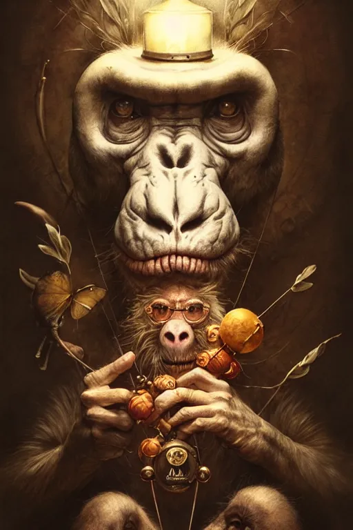 Image similar to ape magician | esoteric symbolism | jean - baptiste monge, esao andrews, bastien lecouffe - deharme, tim jacobus, ken currie | ultra - detailed realism, soft cinematic lighting, hi - fructose, artstation, high - quality, ink watercolors wes anderson poster art