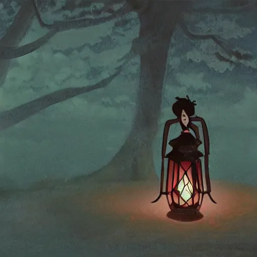 Image similar to a woman in a black corset holding a lantern at night, a screenshot by studio ghibli, tumblr, symbolism, mystical, enchanting, fantasy film