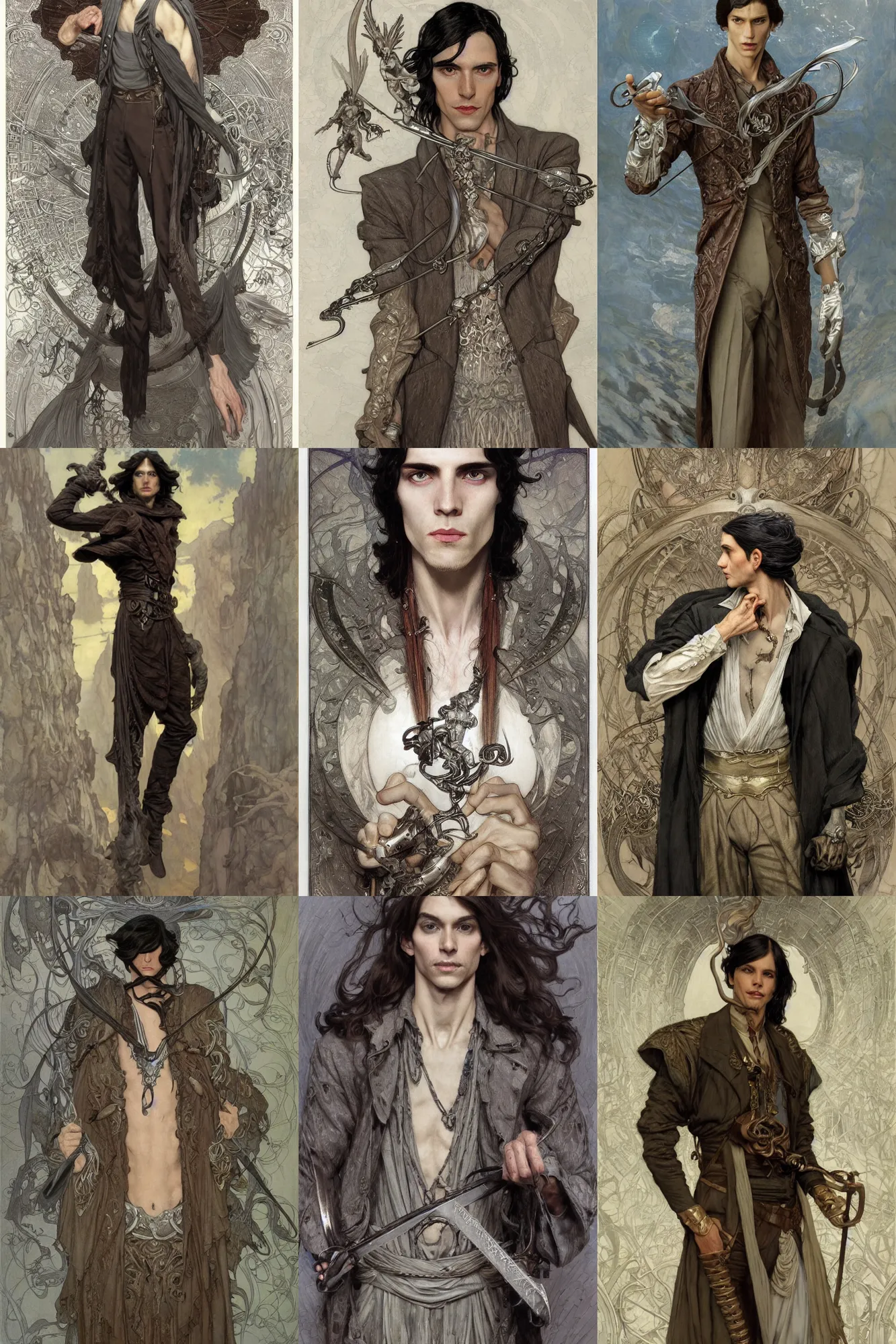 Prompt: skinny male mage, long dark hair, silver, 1 9 2 0 s fashion, fantasy, highly detailed, intricate, artstation, digital paining, character concept art, art by joseph leyendecker, donato giancola, dean cornwell, ruan jia, ayami kojima, alphonse mucha, cedric peyravernay, tom bagshaw