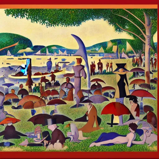 Image similar to avengers characters in a sunday afternoon on the island of la grande jatte