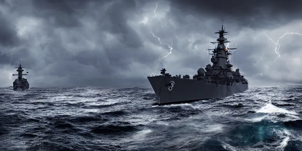 Prompt: british naval battleship sailing through a stormy night, high detail, high definition, photorealistic, 8k