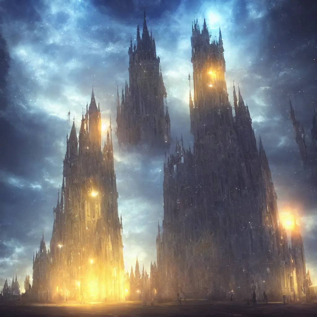 Image similar to huge towering magical university, extreme drama, distant glowing figures, hdr, movie still, fully photorealistic, artstation, beautiful concept art, sharp luminescent focus, nd 6, sony fx 6, glowing luminescent invocations