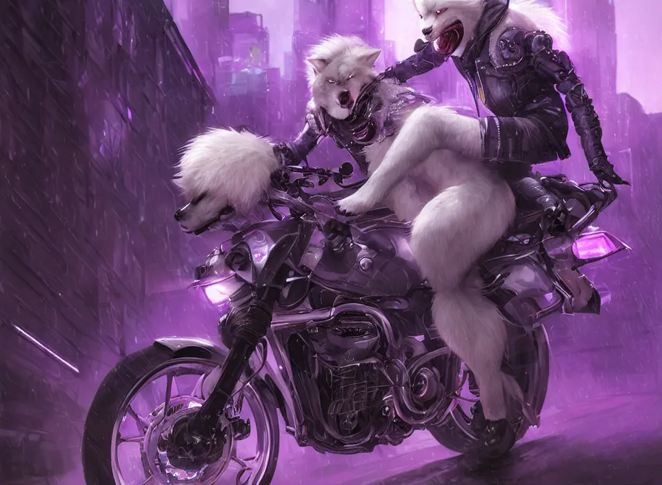 Prompt: award winning beautiful portrait commission of a male furry anthro albino wolf fursona with a tail and a cute beautiful attractive detailed furry face wearing stylish black, purple and yellow cyberpunk biker clothes riding a cybertech motorcycle in a cyberpunk city at night while it rains. Character design by charlie bowater, ross tran, artgerm, and makoto shinkai, detailed, inked, western comic book art