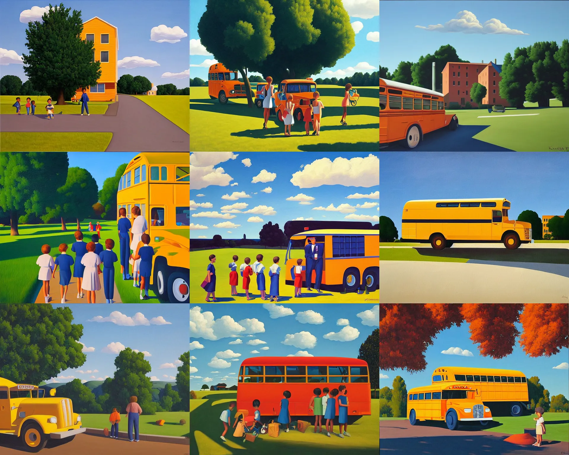 Prompt: schoolbus and children, blue sky, summer evening, a painting by kenton nelson