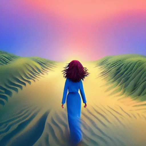 Prompt: closeup giant dahlia flower hair, girl walking between dunes, surreal photography, sunrise, blue sky, dramatic light, impressionist painting, digital painting, artstation, simon stalenhag
