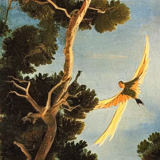 Prompt: Glowing Phoenix bird flying above a forest of pine trees painted by Caravaggio. High quality.