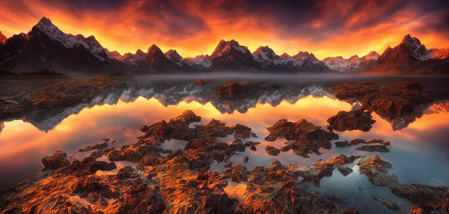 Image similar to amazing landscape photo of mountains with lake in sunset by marc adamus, beautiful dramatic lighting