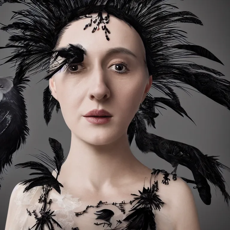 Image similar to hight focus of a wonderful realistic focused sweet wonderful symmetrical mid portrait of a lonely woman with a detailed dress made of a realistic black raven plumes, dramatic light, octane render - 8 k