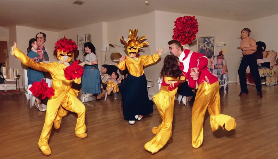 Prompt: 1990s candid 35mm photo of a beautiful day in the living room, cinematic lighting, cinematic look, golden hour, large costumed mascot Flower people dancing for families, Enormous personified flower people with outstandingly happy faces coming out of a portal and showing families how to dance, dogs dancing too, UHD