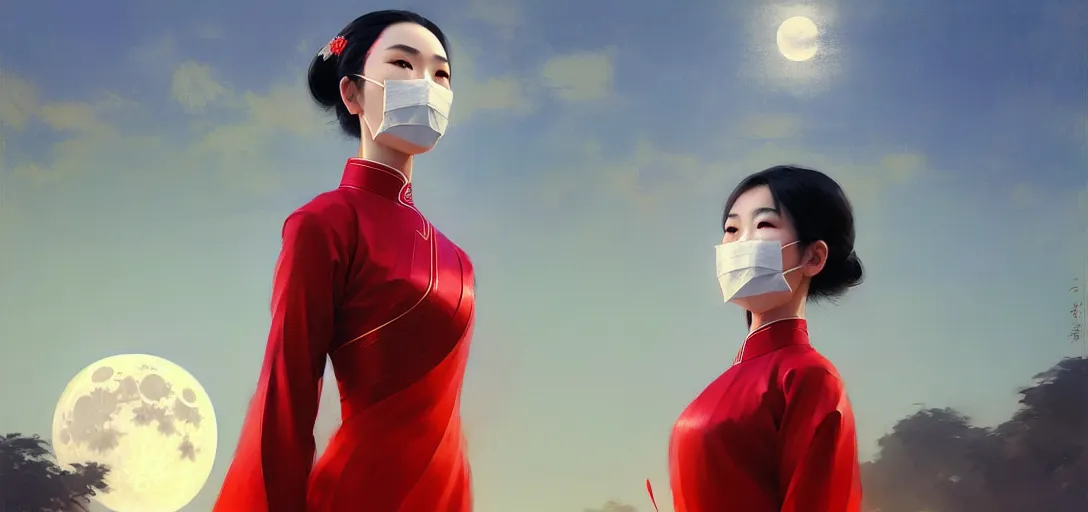 Image similar to vietnamese female with white cloth mask wearing traditional red ao dai, full moon on the sky, digital illustration by ruan jia, a ultra detailed beautiful panting by ilya kuvshinov, greg rutkowski and makoto shinkai, trending on artstation